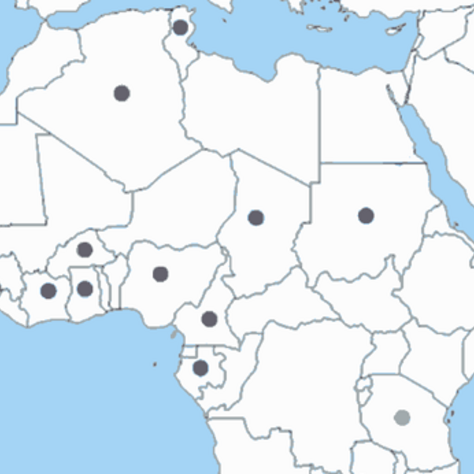 Map of AFrica showing the sites of funded projects