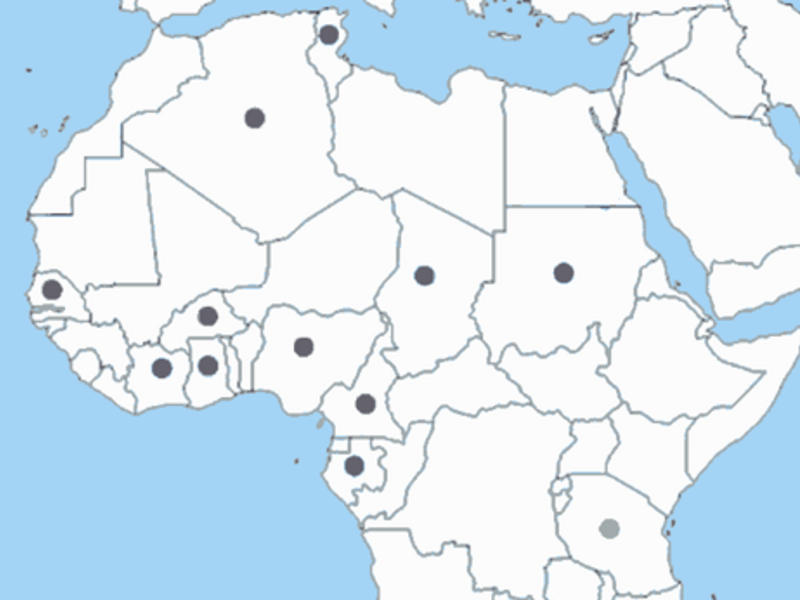 Map of AFrica showing the sites of funded projects