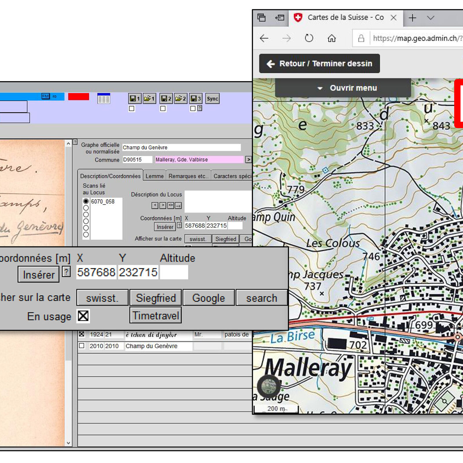 Fichier Muret - Die Namen aus den Karteikarten werden lokalisiert und in eine Datenbank eingefügt.